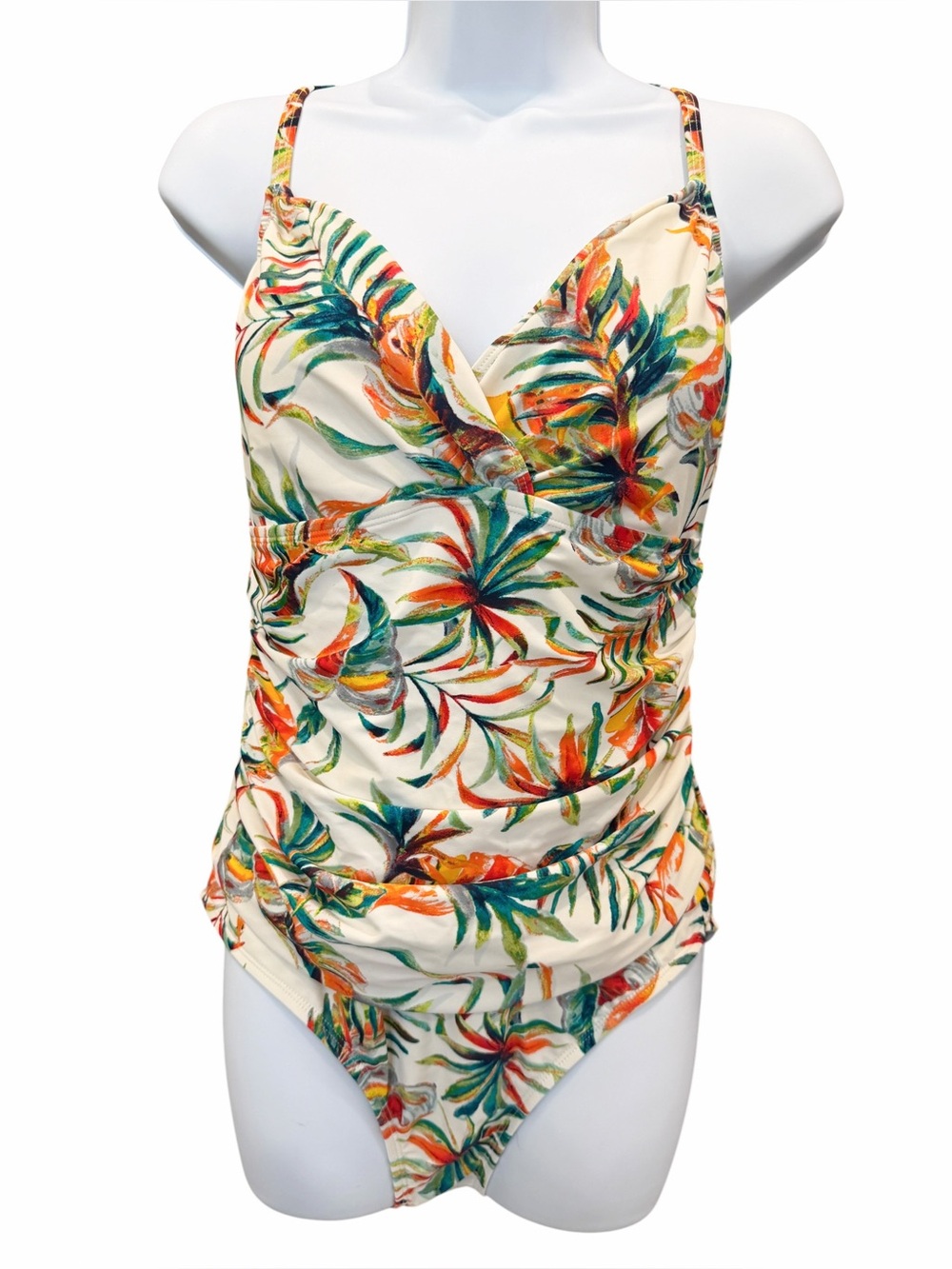 Ellen Tracy One Piece Swimsuit Ruched V Neck Tropical Palm Print Ivory Multi 14 - Picture 2 of 11